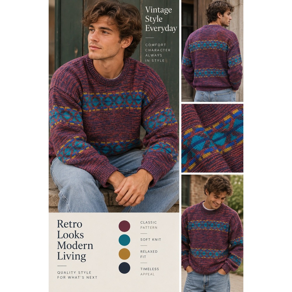 Reed St James Vintage USA Made Fair Isle Crewneck Sweater XL Burgundy Teal